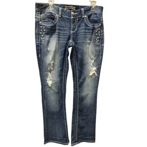 Maurice's Premium Jr 9/10 Short Bootcut Jeans Embellished Distressed‎ Blue